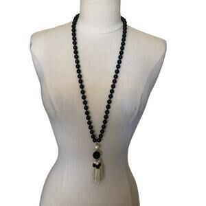 Vintage Amy Taylor Marked Black Beaded Pearly Black Pendant Necklace EUC